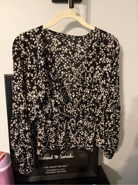 SHEIN Black Floral Wrap-Style Blouse with Cream Print